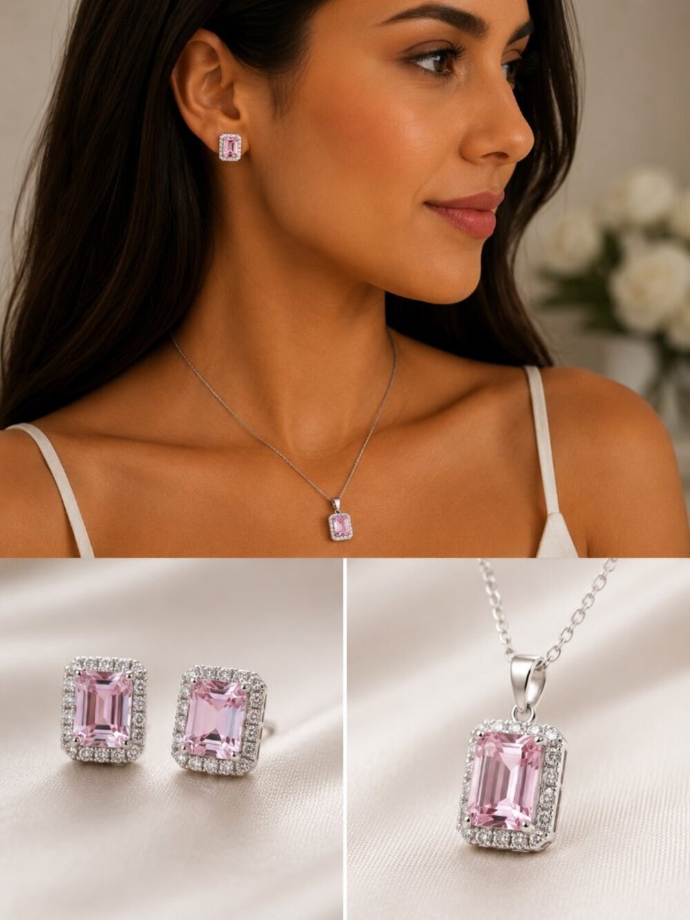 NEW 925 Sterling Silver Set of 2 Pink Sapphire Diamond Necklace and Earrings